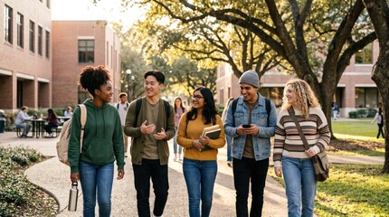 Obraz premium Diverse group of happy multiethnic college students walking together across a sunny university campus representing friendship and student life