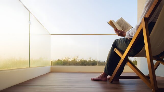 Person sitting on balcony chair reading book in morning light.