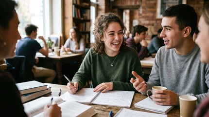 Fototapeta premium Young adult college students studying together in a cafe, laughing and discussing homework, representing teamwork, academic collaboration, and campus life