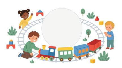 Fototapeta premium Happy children are playing together with a colorful toy train set along a circular track around a blank frame.