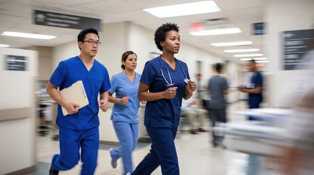 Diverse medical team of young male and female healthcare professionals running urgently in hospital hallway
