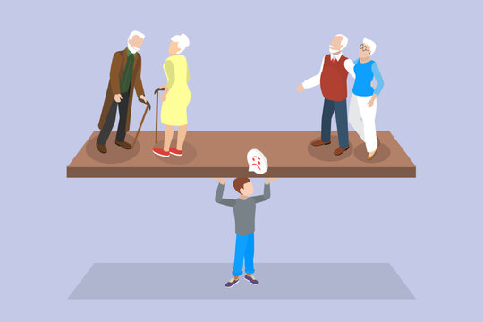 3D Isometric Flat Vector Illustration of Aging Population, Declining Birth Rates In Developed Nations.