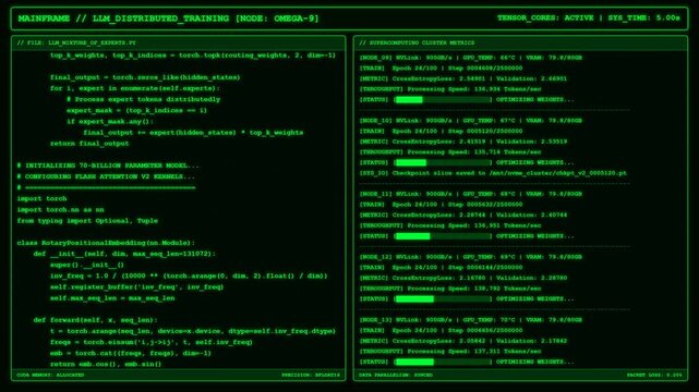 AI supercomputer neural network training cluster terminal screen.