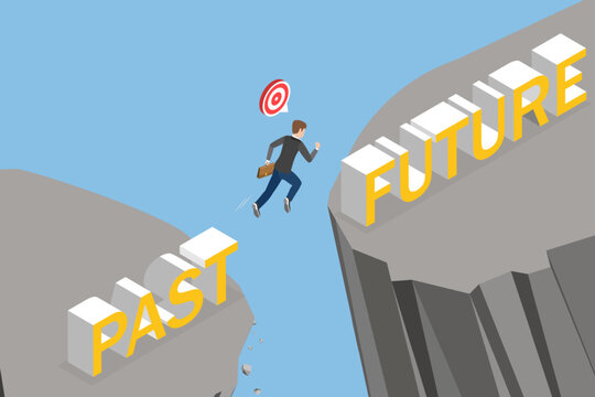 3D Isometric Flat Vector Illustration of From The Past To The Future, Man Jumping Off A Cliff Into The Future