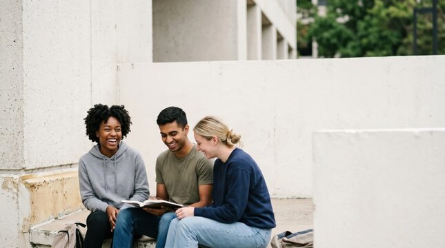 Diverse college students studying together outdoors, laughing and reading a book on campus representing friendship and teamwork