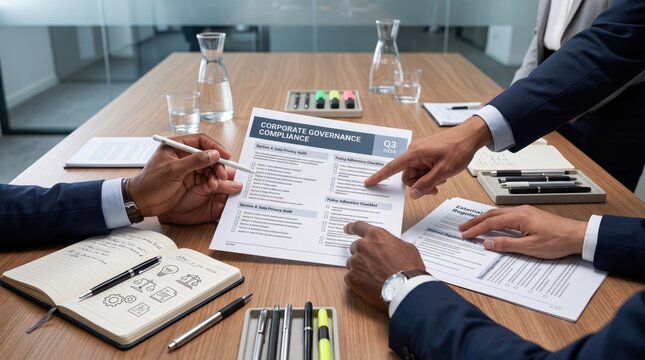 Corporate governance compliance meeting discussion, business professionals reviewing checklist documents at conference table, regulatory adherence verification