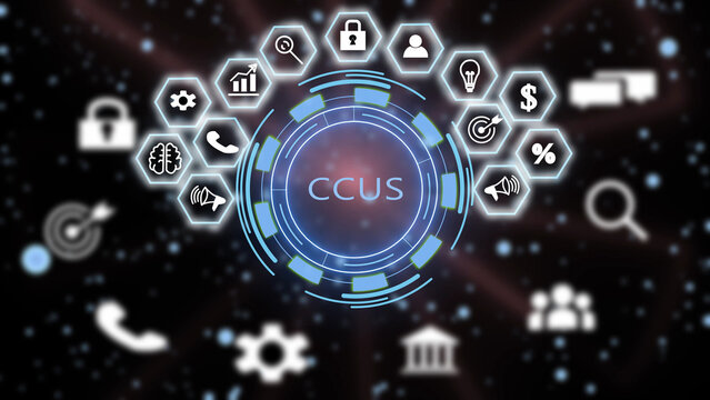 A digital display featuring the acronym ccus centered within a glowing blue circular interface, surrounded by a semi-circle of hexagonal representing business, technology, and data concepts