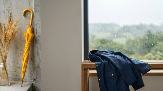 Yellow umbrella and blue raincoat on rainy day by window representing autumn weather and preparation for rain