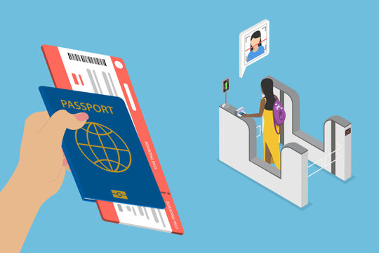 3D Isometric Flat Vector Illustration of Airport Passport Check, Flight Entry Procedure