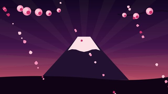 Minimalist Illustration of a Mountain Peak with Falling Pink Petals