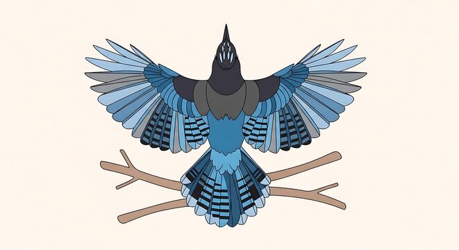 Stylized blue bird with wings spread perched on branches wildlife illustration