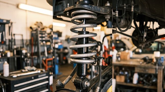 Close up detail of a car suspension system including coil spring and shock absorber in an auto repair garage, automotive maintenance, mechanic workshop, vehicle undercarriage