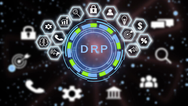 A digital interface displaying the acronym drp inside a glowing circular ring, surrounded by a semi-circle of hexagonal featuring symbols for security, finance, communication, and business growth