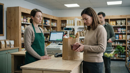 Fototapeta premium Grocery checkout pause shows stress from a tight budget