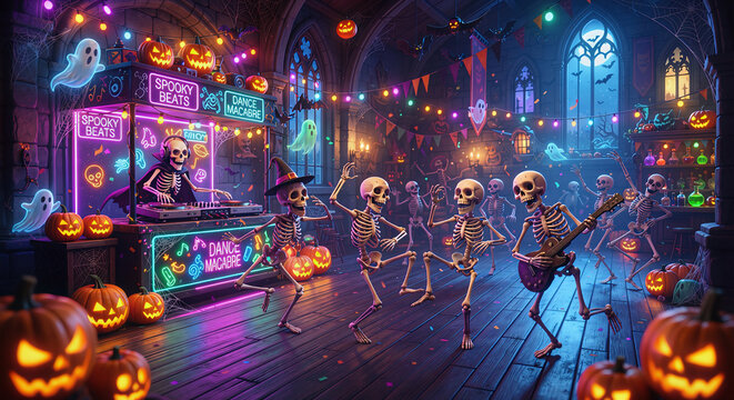 Kids Halloween party with skeleton people and lights with halloween decorations