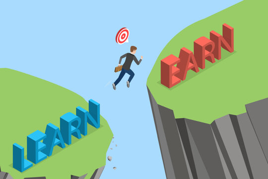 3D Isometric Flat Vector Illustration of Gap Between Learning And Earning, Maximizing Knowledge While Making Money.
