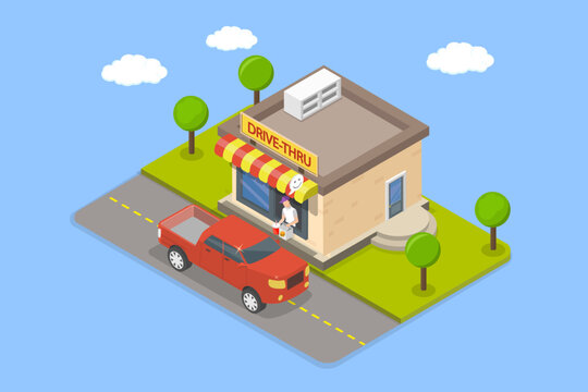 3D Isometric Flat Vector Illustration of Drive Thru, Convenient Fast-Food Drive-Thru Service