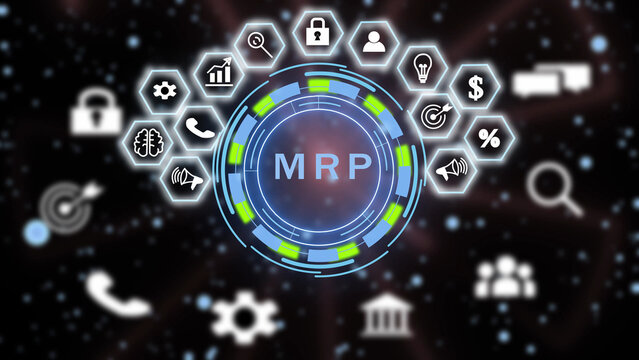 A digital interface featuring the acronym mrp centered within a glowing blue and green circular ring, surrounded by a semi-circle of hexagonal representing business, technology, and data