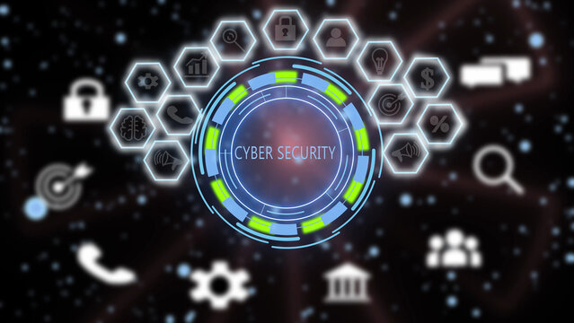 A glowing digital interface featuring a central circular cyber security emblem surrounded by a network of hexagonal representing data protection, privacy, financial symbols, and