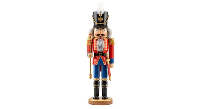 Wooden nutcracker soldier figurine in red uniform isolated on white background. Traditional Christmas decoration and holiday toy. Festive symbol for new year celebration.