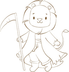 Fototapeta premium woodland lion in reaper costume halloween baby lineart illustration brown