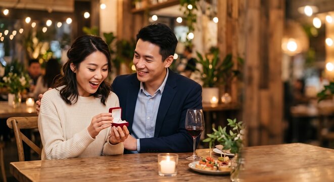 Asian man proposing to surprised woman with engagement ring in restaurant. Happy couple celebrating engagement at romantic dinner. Love, wedding and Valentine day concept