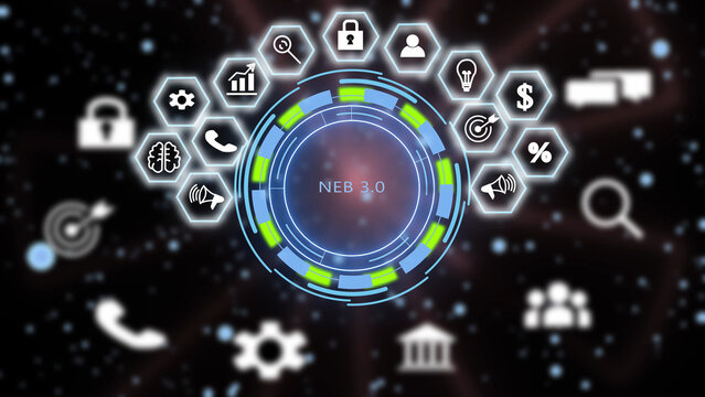 Digital interface featuring a central glowing circular hub with the text neb 3.0 surrounded by a semi-circle of hexagonal representing business, security, communication, and financial data