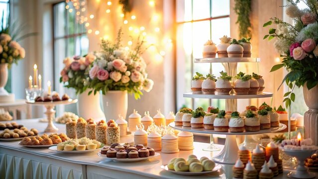 Beautiful minimal wedding desserts on a table in wedding ceremony