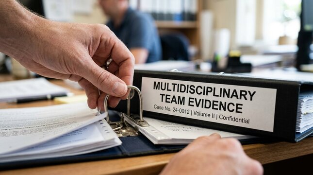 Hand adjusting a binder labeled multidisciplinary team evidence