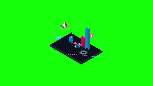 Isometric 3d chart animation with digital marketing and analytics elements on green screen