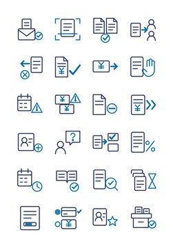 Accounts payable icon set: invoice receipt, OCR capture, PO matching, approval routing, payment execution, duplicate detection, audit trail, editable stroke, isolated on transparent background