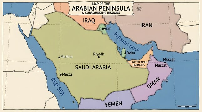Vintage Map of Arabian Peninsula Highlighting Major Cities and Borders