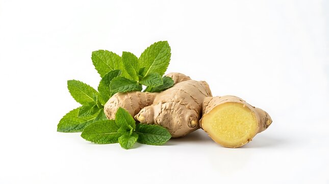 Fresh Ginger Root with Green Mint Leaves Studio Photography for Healthy Herbal Tea Ingredient and Cooking Web Banner