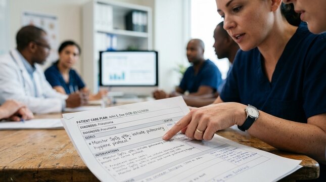 A multidisciplinary team member pointing to a patient care plan document during discussion
