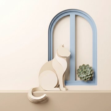 A stylized, minimalist paper cut-out of a cat seated next to a pale blue arched window with a succulent