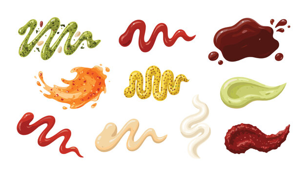 Various sauces and condiments vector illustration set with splash swirl smudge lines of ketchup mustard mayo pesto isolated on white background