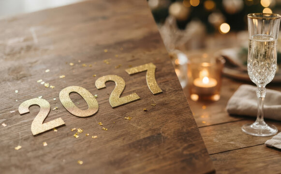 New Year 2027 gold numbers on rustic wooden table with champagne glass and candles festive celebration background