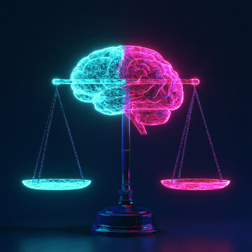 左右で色が分かれた脳が天秤に乗る、論理と感情のバランスを表す抽象画像