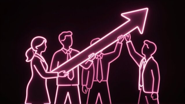 Team collaborates to lift a glowing arrow upward, symbolizing growth and progress.