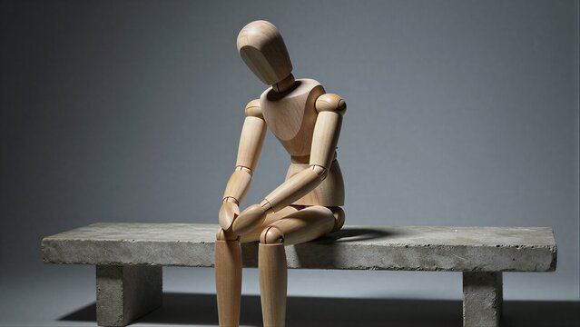 Wooden figure sits alone on bench, head bowed in quiet contemplation.