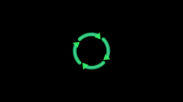 Recycle Logo Rotating. Green glowing recycle symbol icon on black background