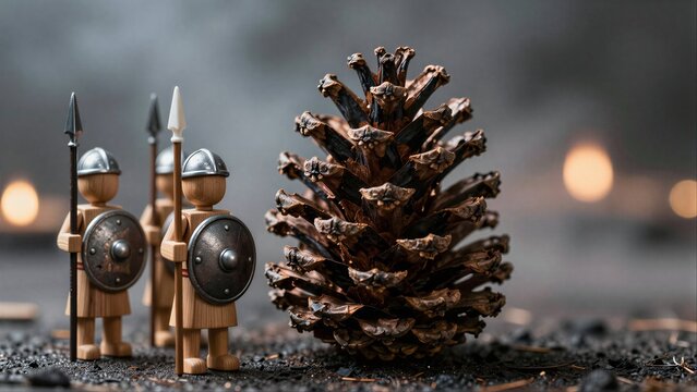 Wooden knights stand before a pinecone, firelight glowing in the background.
