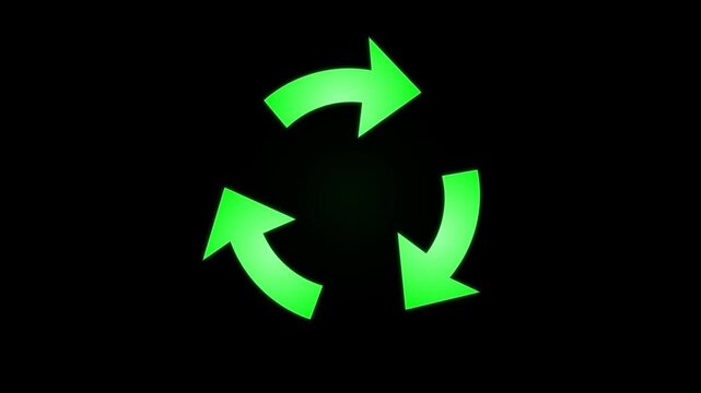 Recycle Logo Rotating. Rotating glowing green recycling symbol on black background