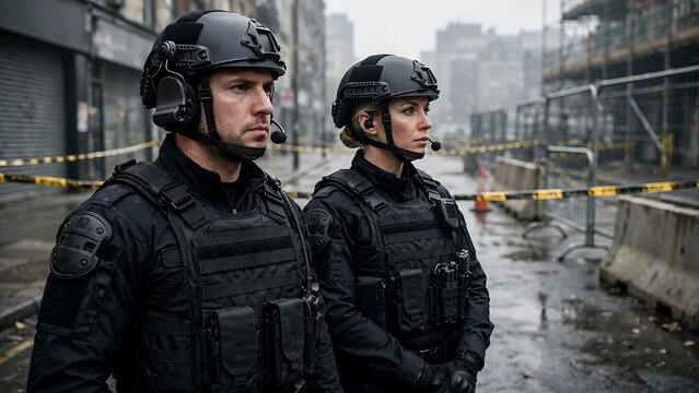 Two Police Officers Standing Watch Near a Crime Scene Perimeter with Safety Tape in an Urban Environment Representing Law and Order and Tactical Vigilance