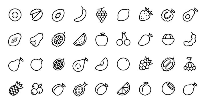 Fruits Line Icon Set Collection Fresh Fruit Outline Vector Icons Isolated on Transparent Background.
