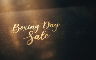 Fototapeta premium Elegant gold foil text reading Boxing Day Sale on dark textured background for holiday shopping promotion and retail marketing banner design