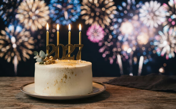 Elegant New Year 2027 celebration cake with gold topper and lit candles against a festive background of colorful fireworks for holiday party concepts