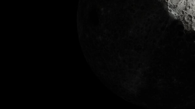 The surface of the moon is seen from space. The dark sky surrounds the moons surface. Craters and textures are visible on the moon.