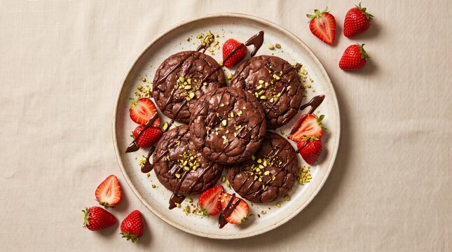 Photorealistic chewy chocolate cookies served on rustic parchment paper, thick golden-brown edges and soft chocolate centers, fresh strawberries placed around the cookies, rich chocolate sauce 