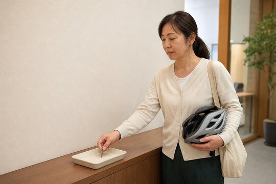職場のトレーに鍵を置く通勤女性